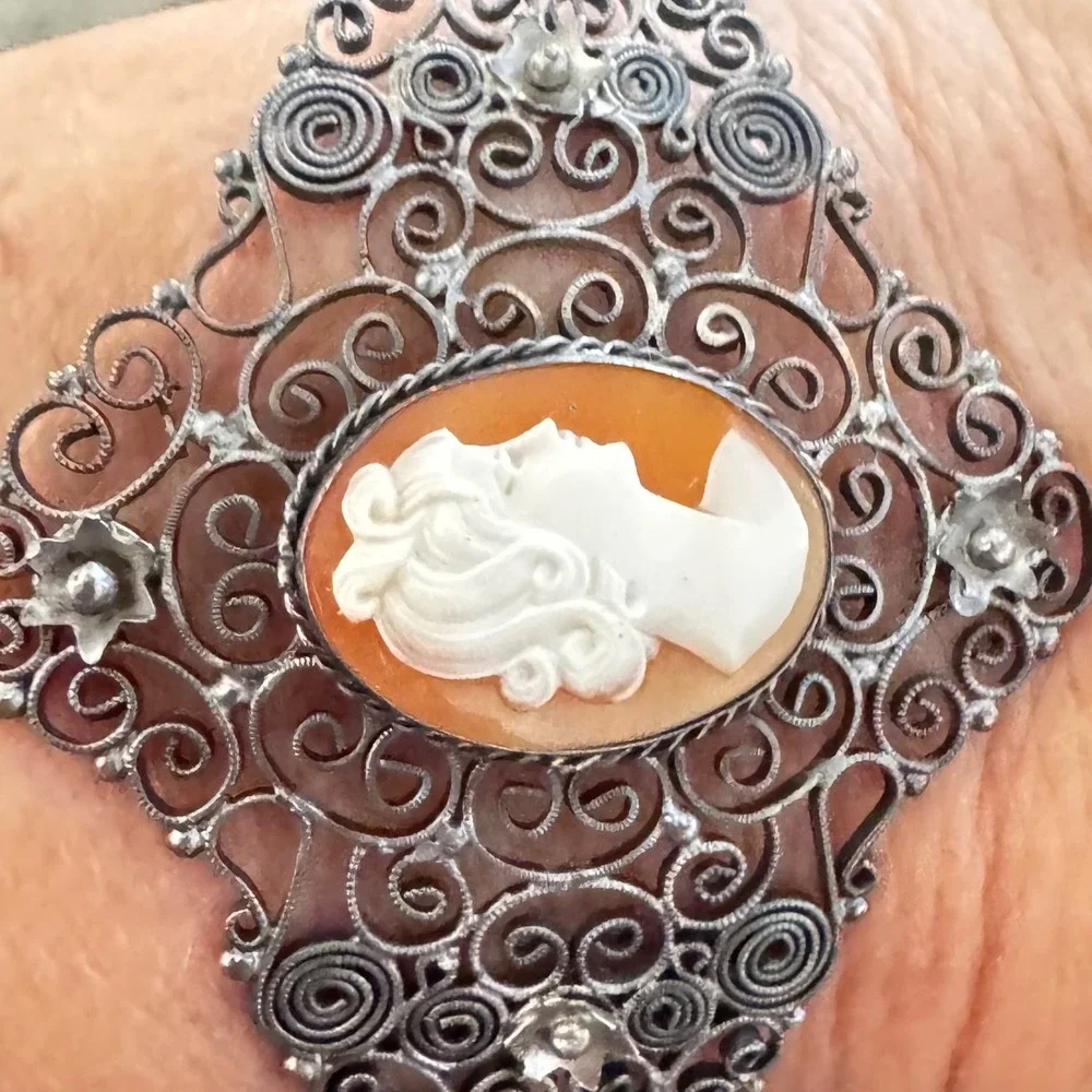 Antique 800 Silver Filigree‎ Hand Carved Cameo Bracelet